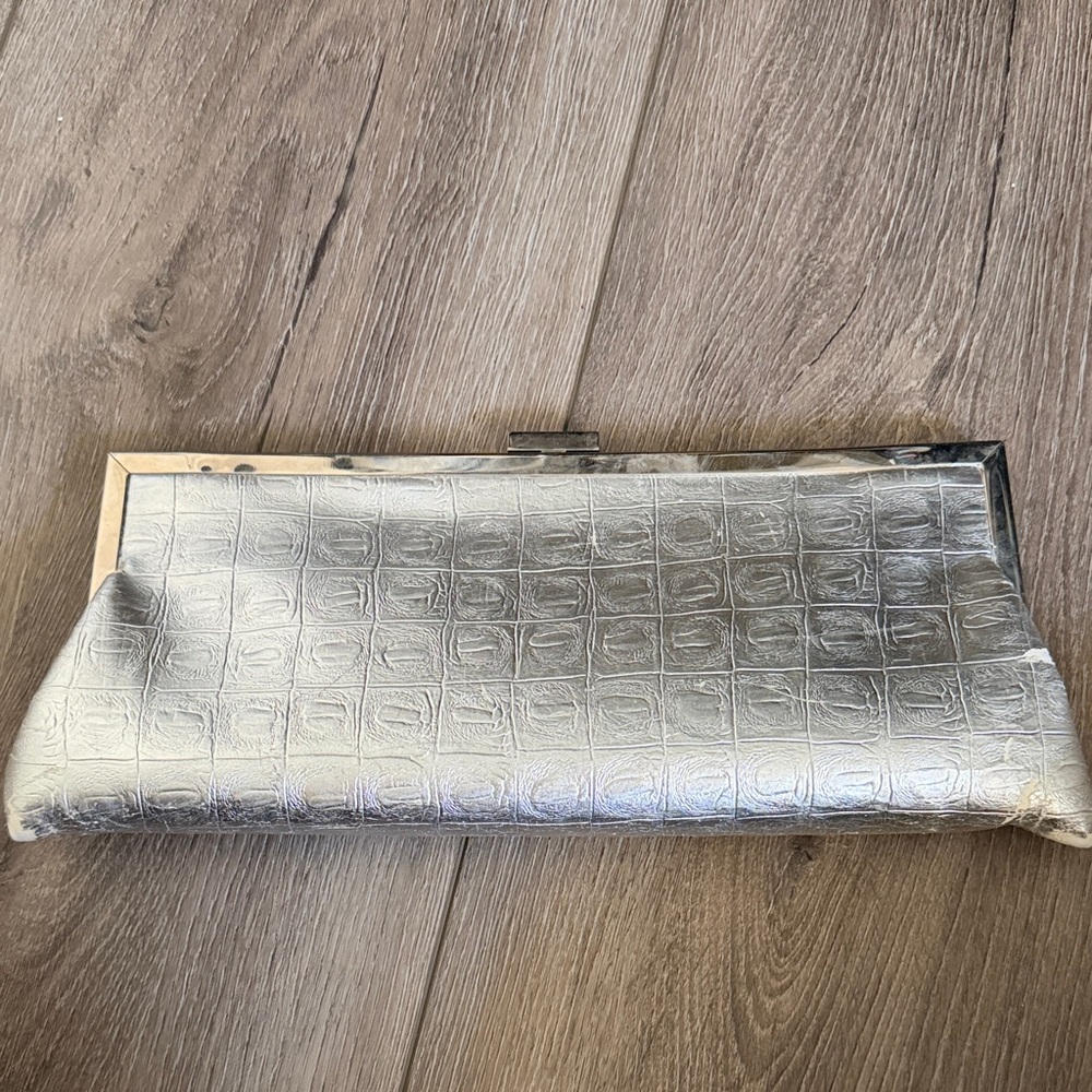 Silver Croc-Embossed Frame Clutch